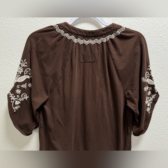 Johnny Was Tunic Blouse Embroidered Floral Birds Quarter Sleeve Cotton Brown XS - Picture 7 of 9